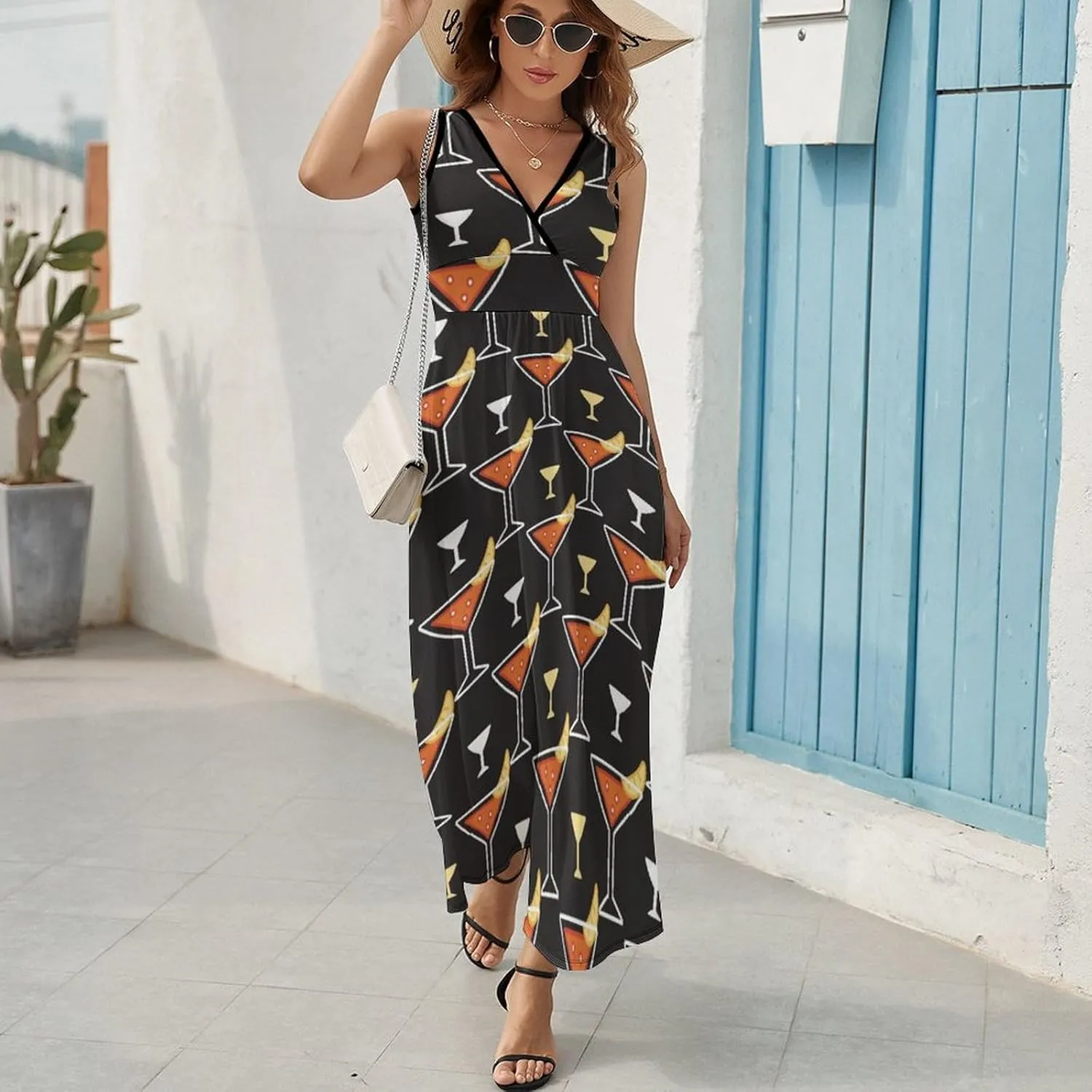 Women Summer Casual Sleeveless V Neck Alcoholic Cocktails Vintage Sundress Maxi Long Beach Dress
