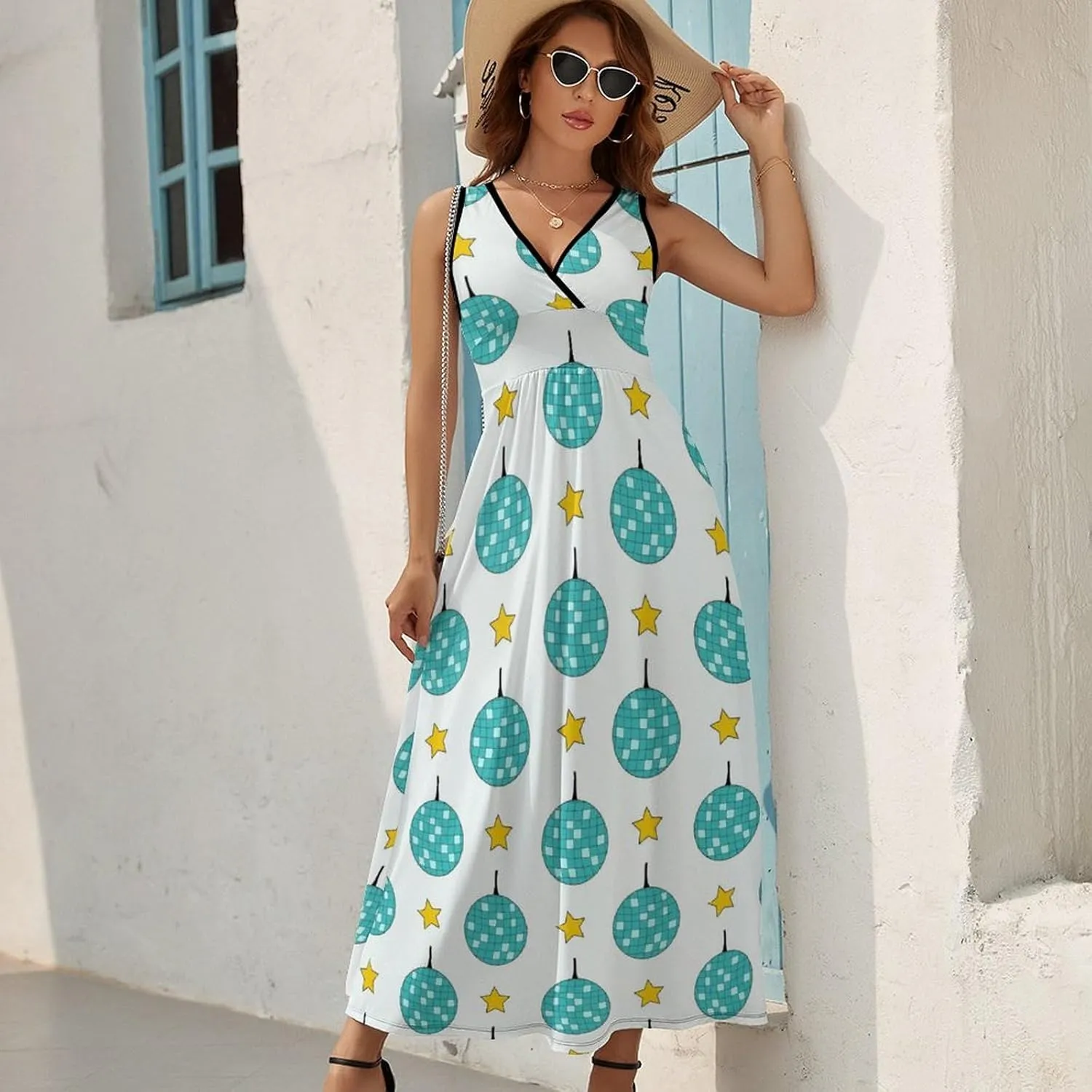 Women Summer Casual Sleeveless V Neck Blue Disco Balls Stars Sundress Maxi Long Beach Dress