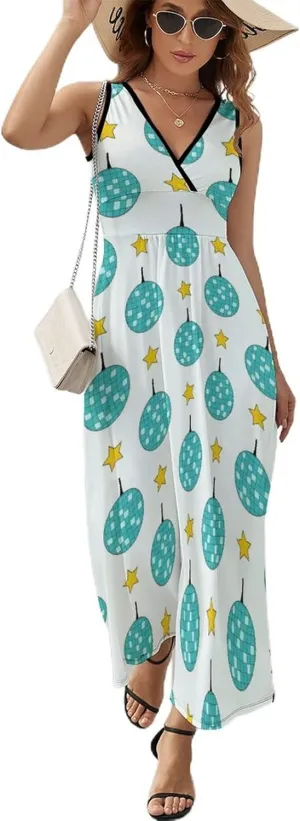 Women Summer Casual Sleeveless V Neck Blue Disco Balls Stars Sundress Maxi Long Beach Dress