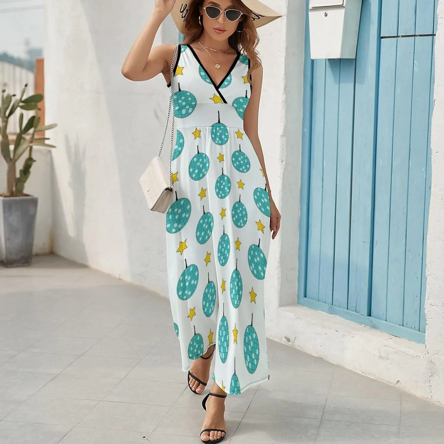 Women Summer Casual Sleeveless V Neck Blue Disco Balls Stars Sundress Maxi Long Beach Dress