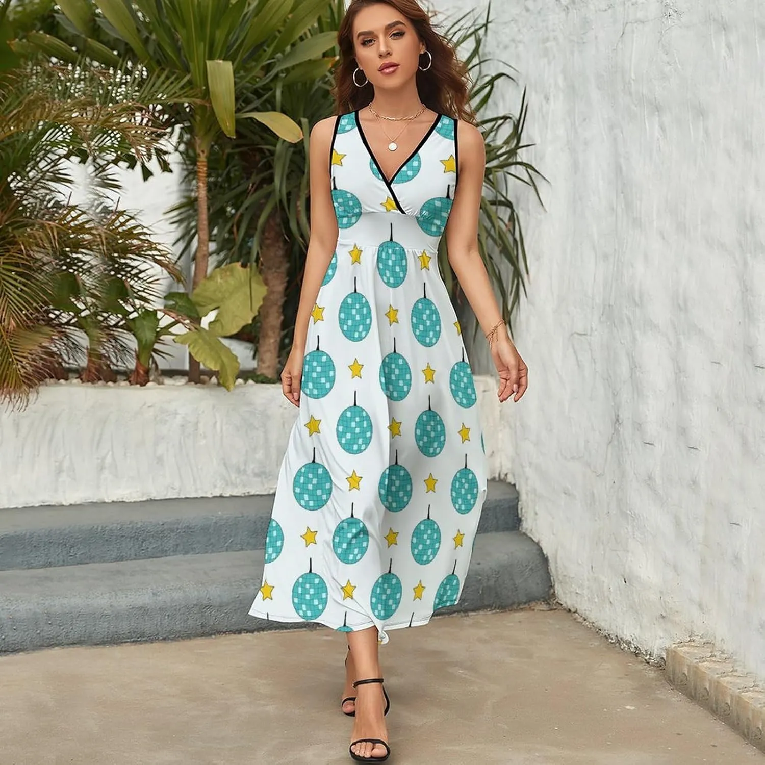 Women Summer Casual Sleeveless V Neck Blue Disco Balls Stars Sundress Maxi Long Beach Dress