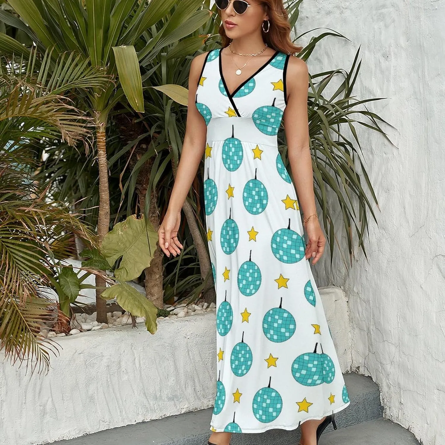 Women Summer Casual Sleeveless V Neck Blue Disco Balls Stars Sundress Maxi Long Beach Dress