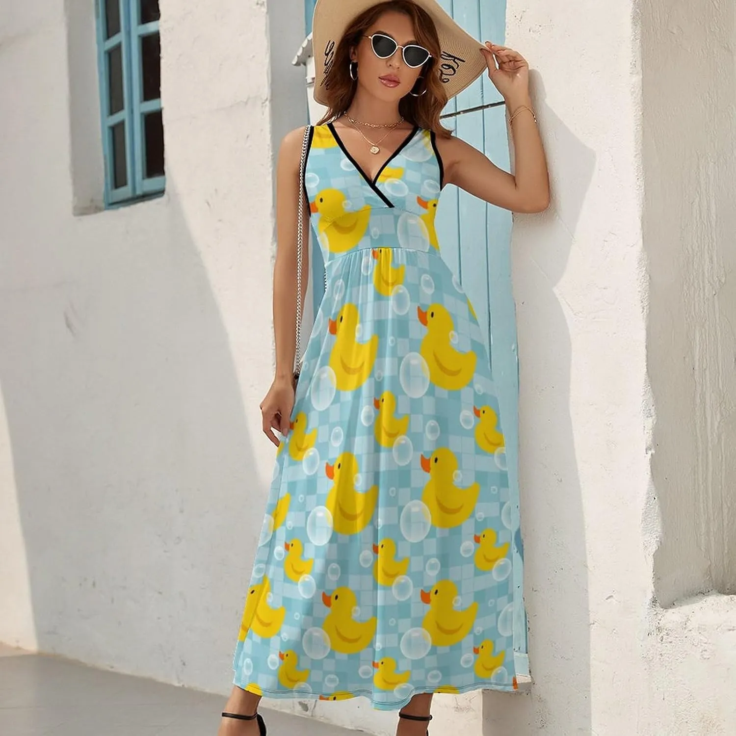 Women Summer Casual Sleeveless V Neck Cute Rubber Ducks Sundress Maxi Long Beach Dress