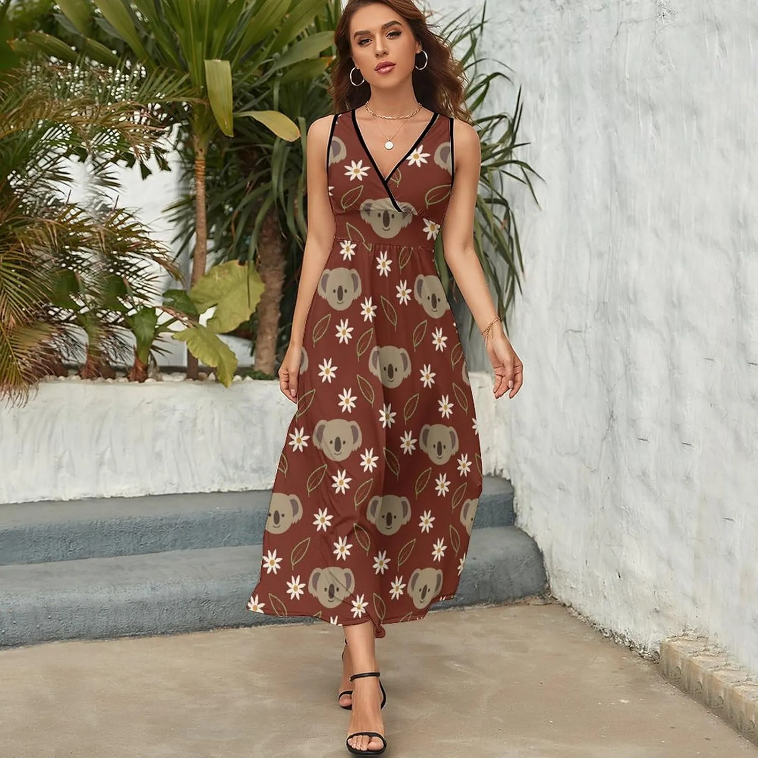 Women Summer Casual Sleeveless V Neck Cute Rubber Ducks Sundress Maxi Long Beach Dress