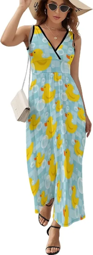 Women Summer Casual Sleeveless V Neck Cute Rubber Ducks Sundress Maxi Long Beach Dress
