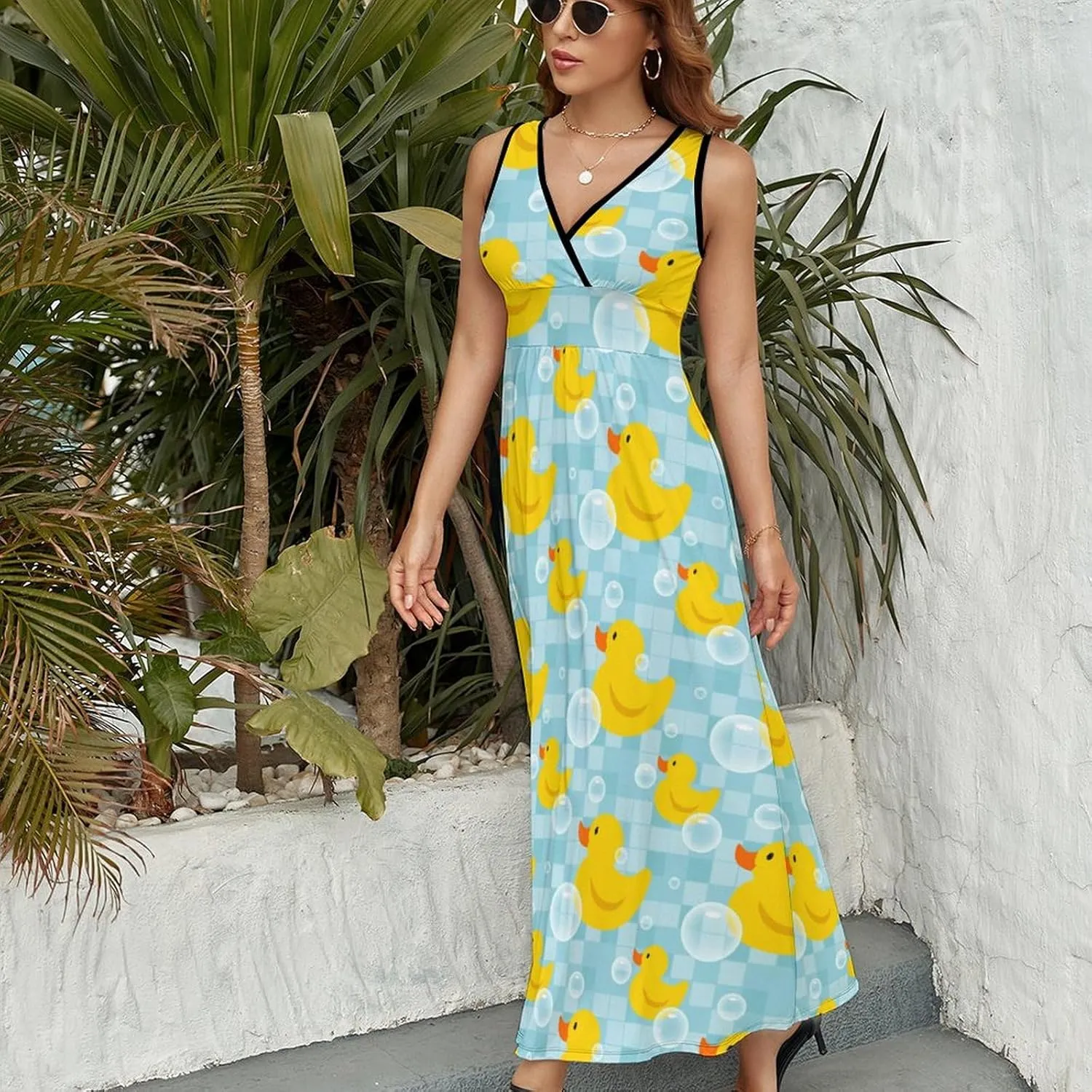 Women Summer Casual Sleeveless V Neck Cute Rubber Ducks Sundress Maxi Long Beach Dress