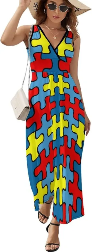 Women Summer Casual Sleeveless V Neck Cute Rubber Ducks Sundress Maxi Long Beach Dress