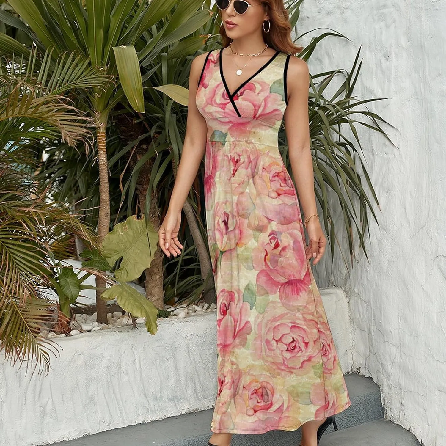 Women Summer Casual Sleeveless V Neck Cute Rubber Ducks Sundress Maxi Long Beach Dress