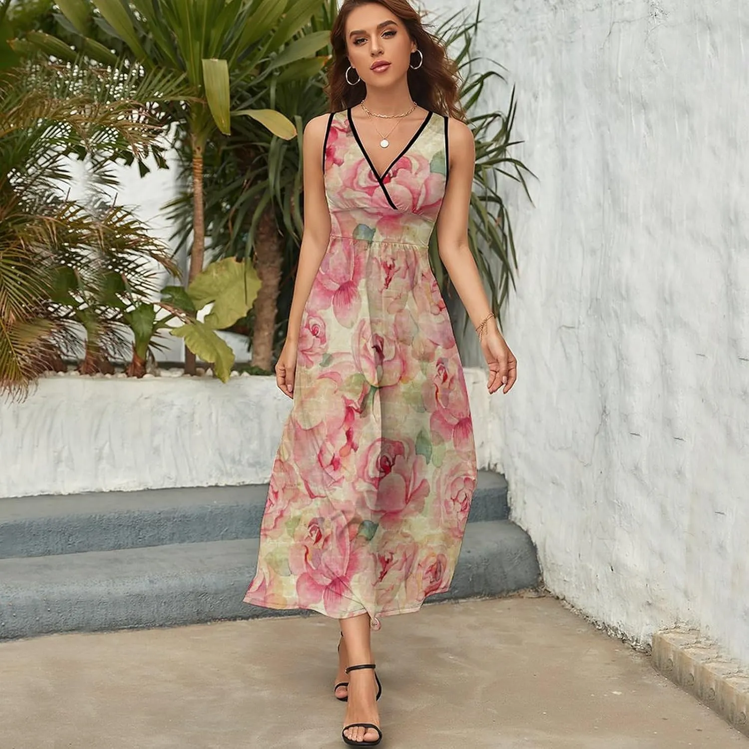 Women Summer Casual Sleeveless V Neck Cute Rubber Ducks Sundress Maxi Long Beach Dress