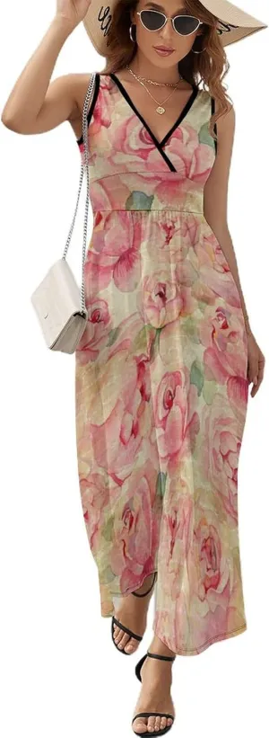 Women Summer Casual Sleeveless V Neck Cute Rubber Ducks Sundress Maxi Long Beach Dress