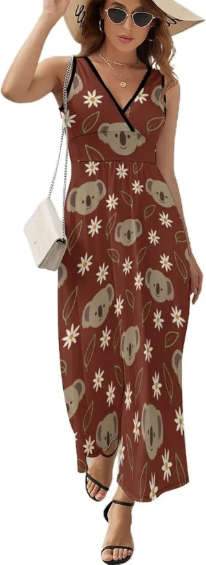 Women Summer Casual Sleeveless V Neck Cute Rubber Ducks Sundress Maxi Long Beach Dress