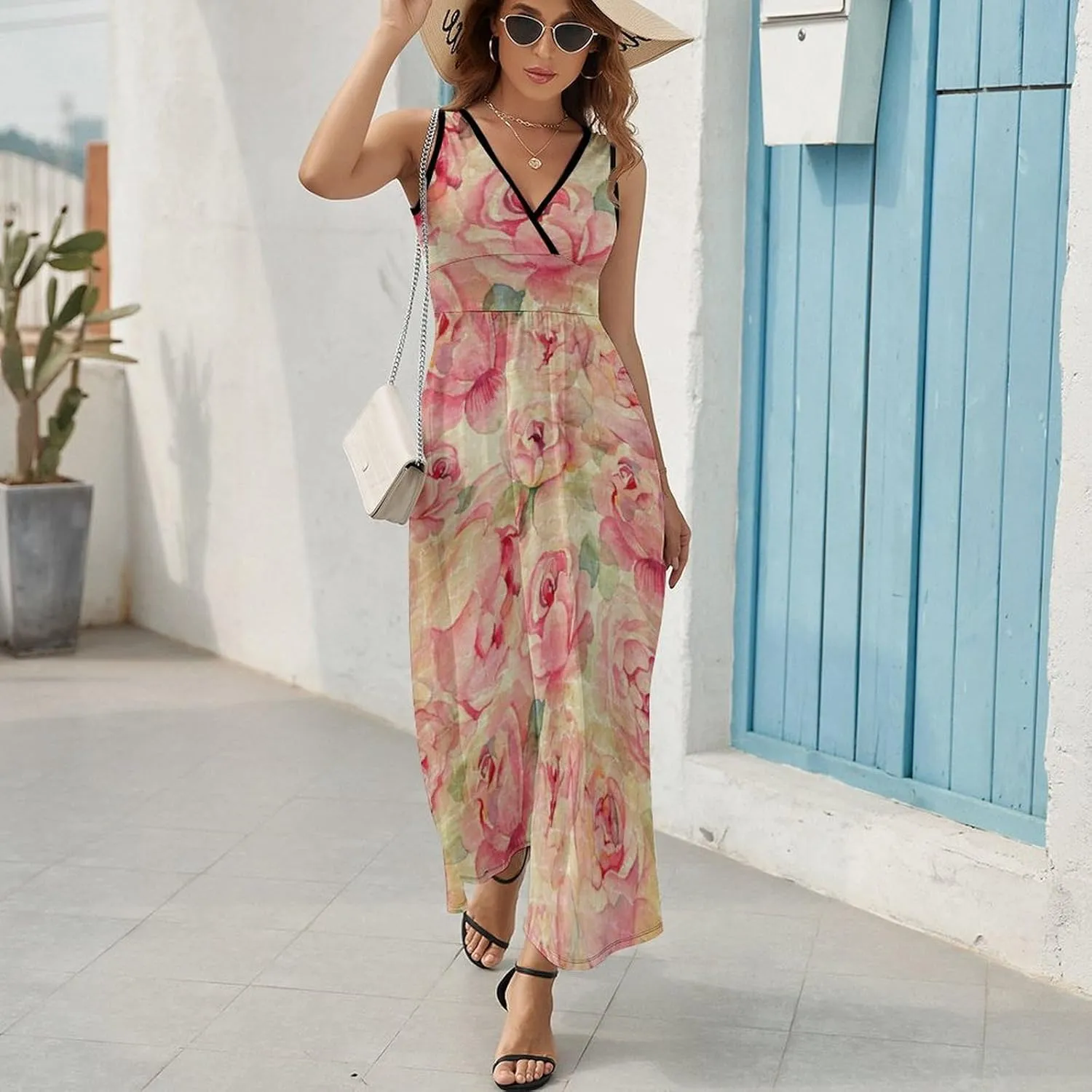 Women Summer Casual Sleeveless V Neck Cute Rubber Ducks Sundress Maxi Long Beach Dress