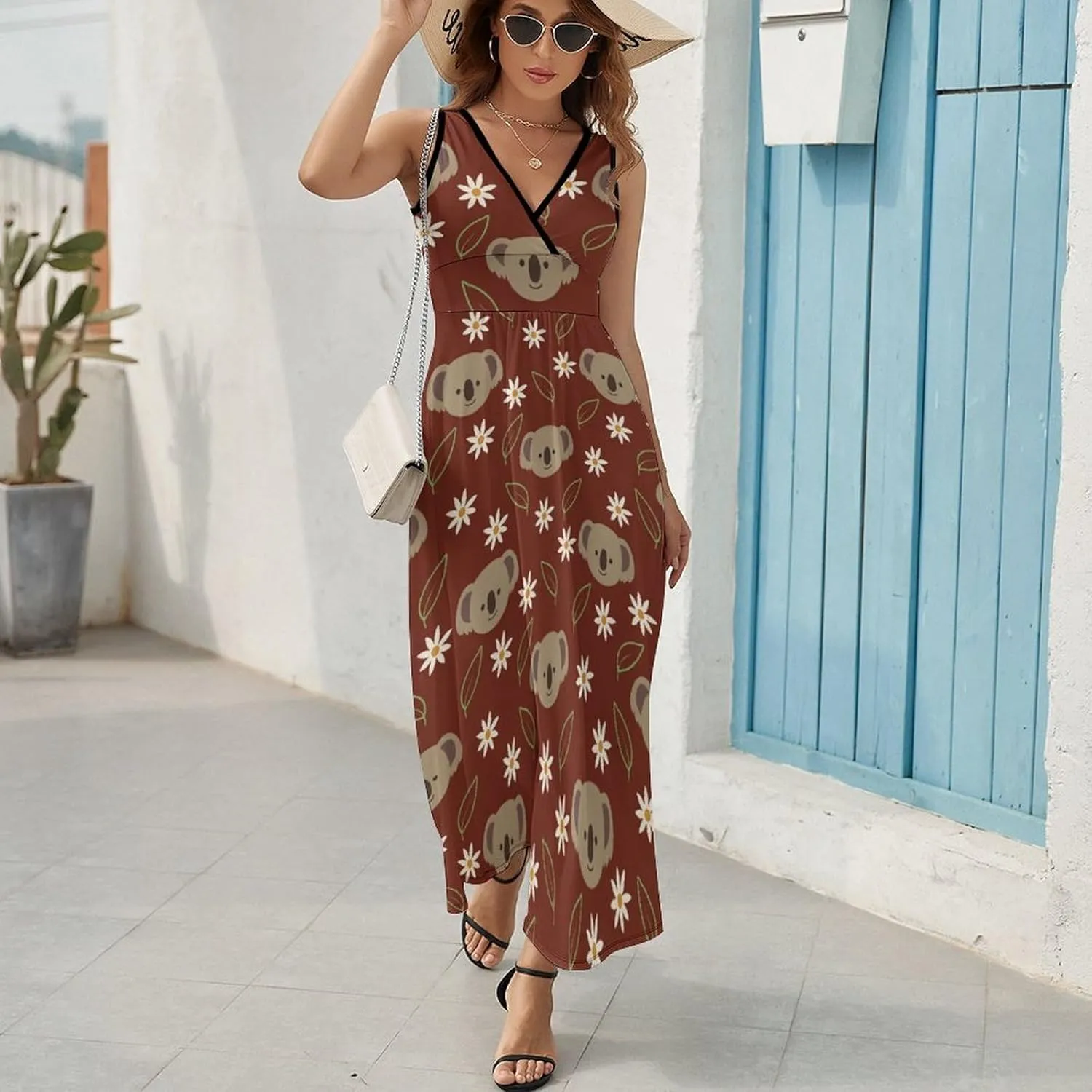 Women Summer Casual Sleeveless V Neck Cute Rubber Ducks Sundress Maxi Long Beach Dress