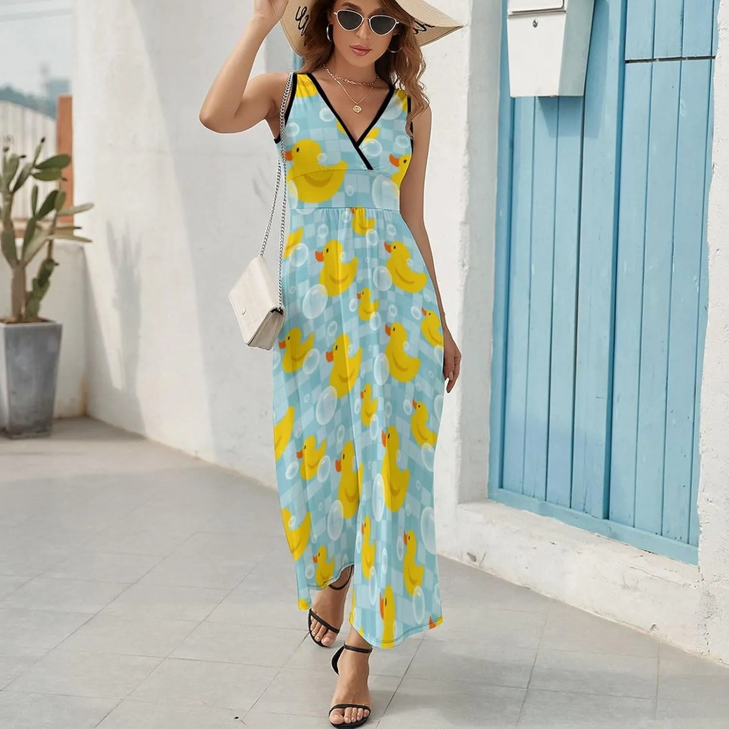 Women Summer Casual Sleeveless V Neck Cute Rubber Ducks Sundress Maxi Long Beach Dress