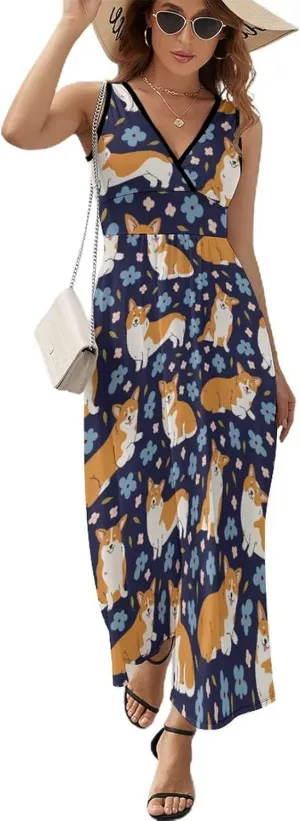 Women Summer Casual Sleeveless V Neck Cute Rubber Ducks Sundress Maxi Long Beach Dress