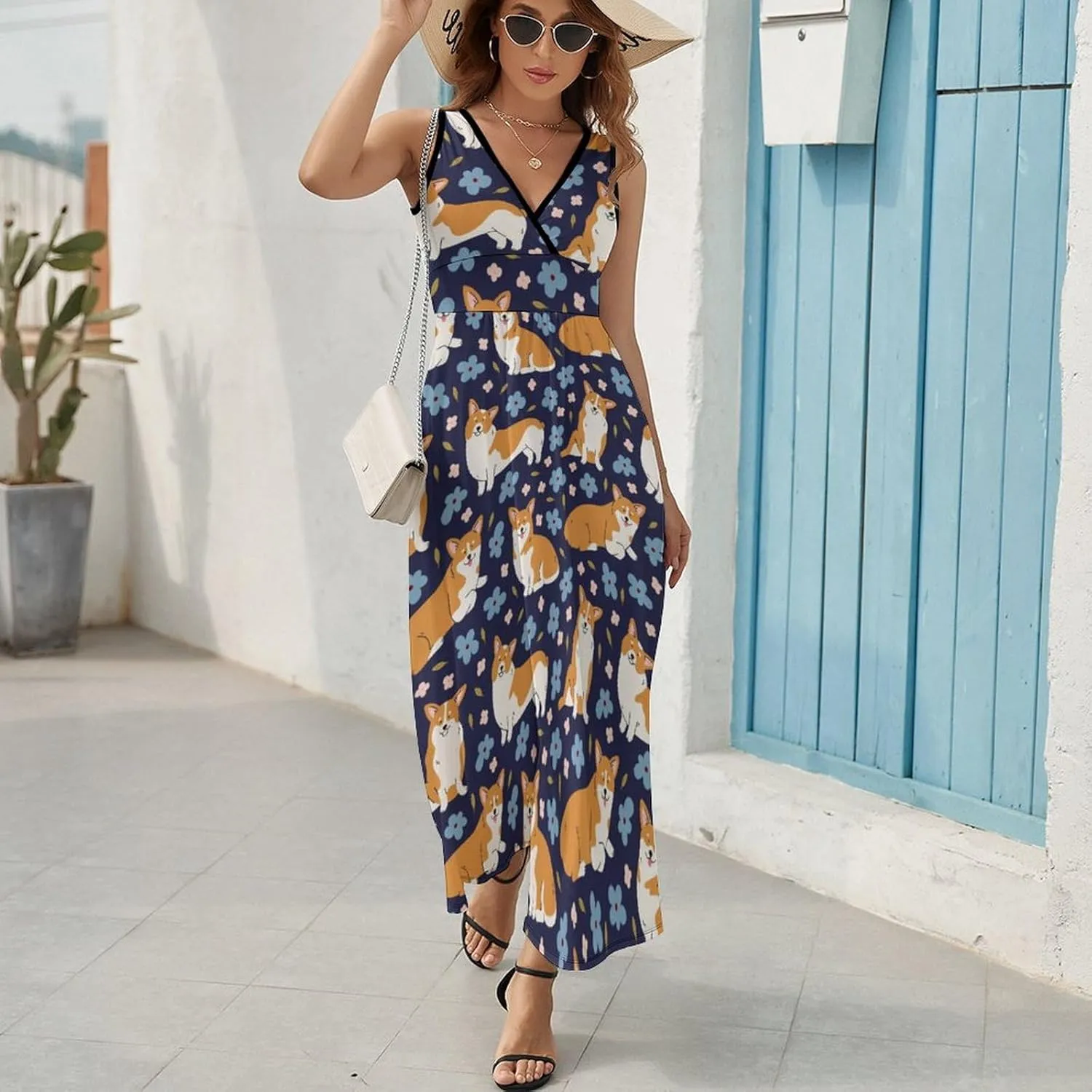 Women Summer Casual Sleeveless V Neck Cute Rubber Ducks Sundress Maxi Long Beach Dress