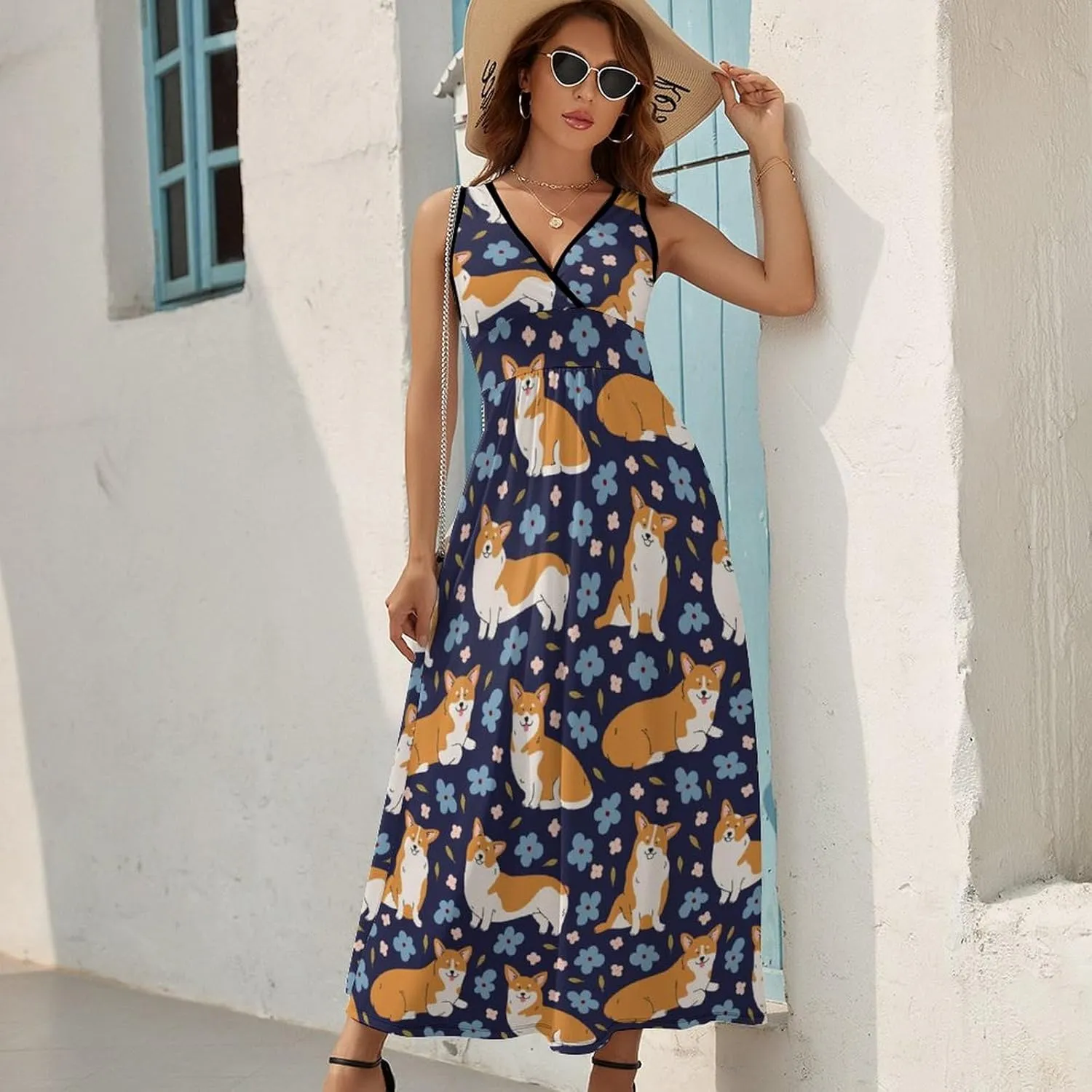 Women Summer Casual Sleeveless V Neck Cute Rubber Ducks Sundress Maxi Long Beach Dress