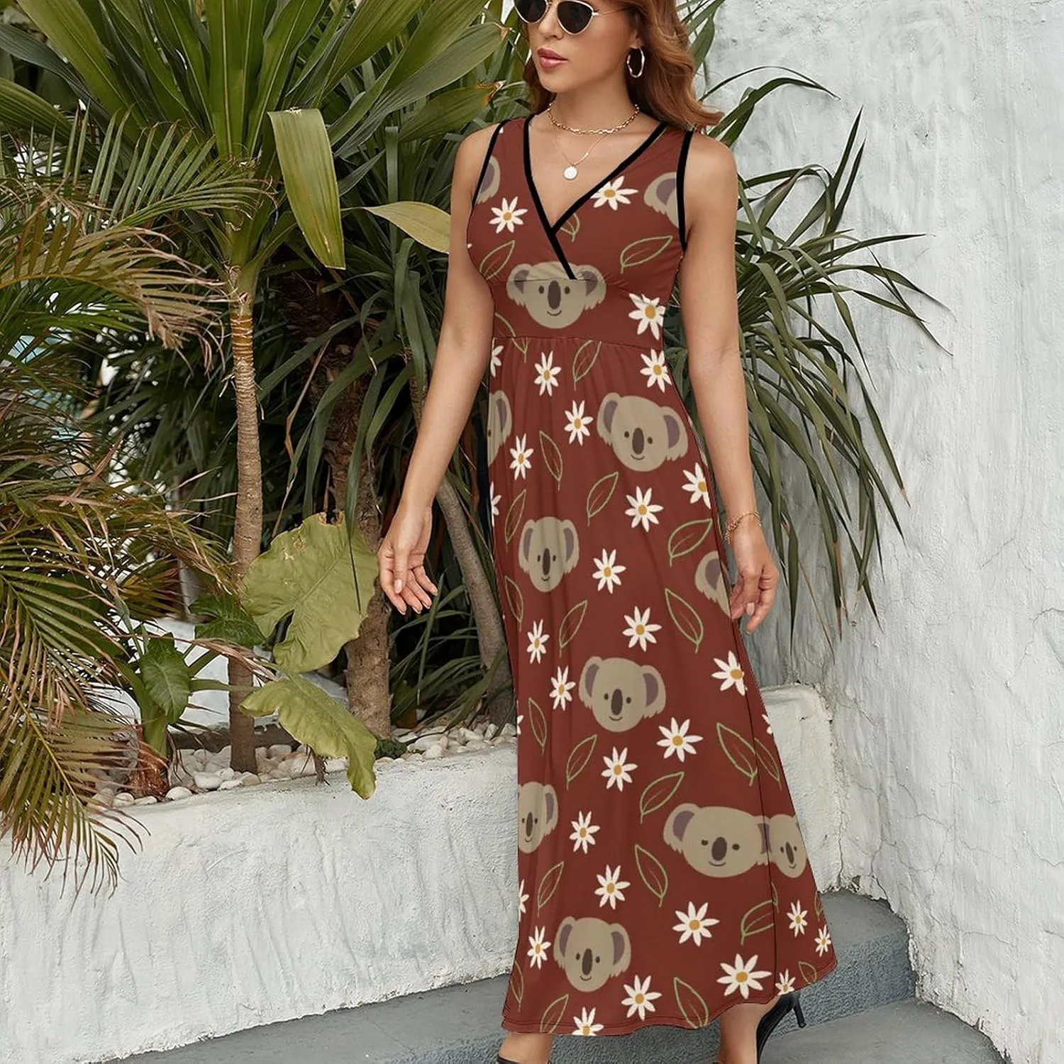 Women Summer Casual Sleeveless V Neck Cute Rubber Ducks Sundress Maxi Long Beach Dress