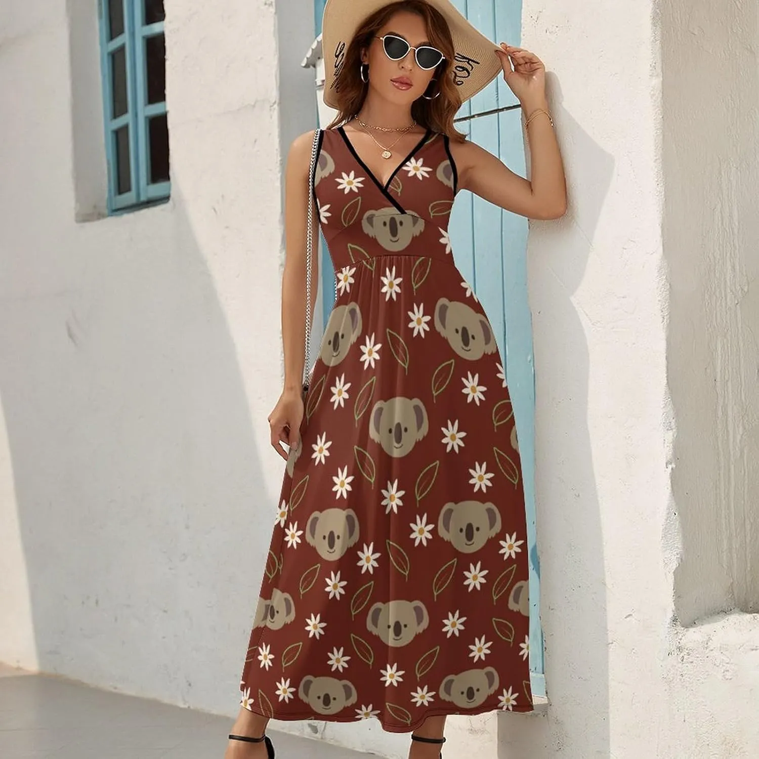 Women Summer Casual Sleeveless V Neck Cute Rubber Ducks Sundress Maxi Long Beach Dress