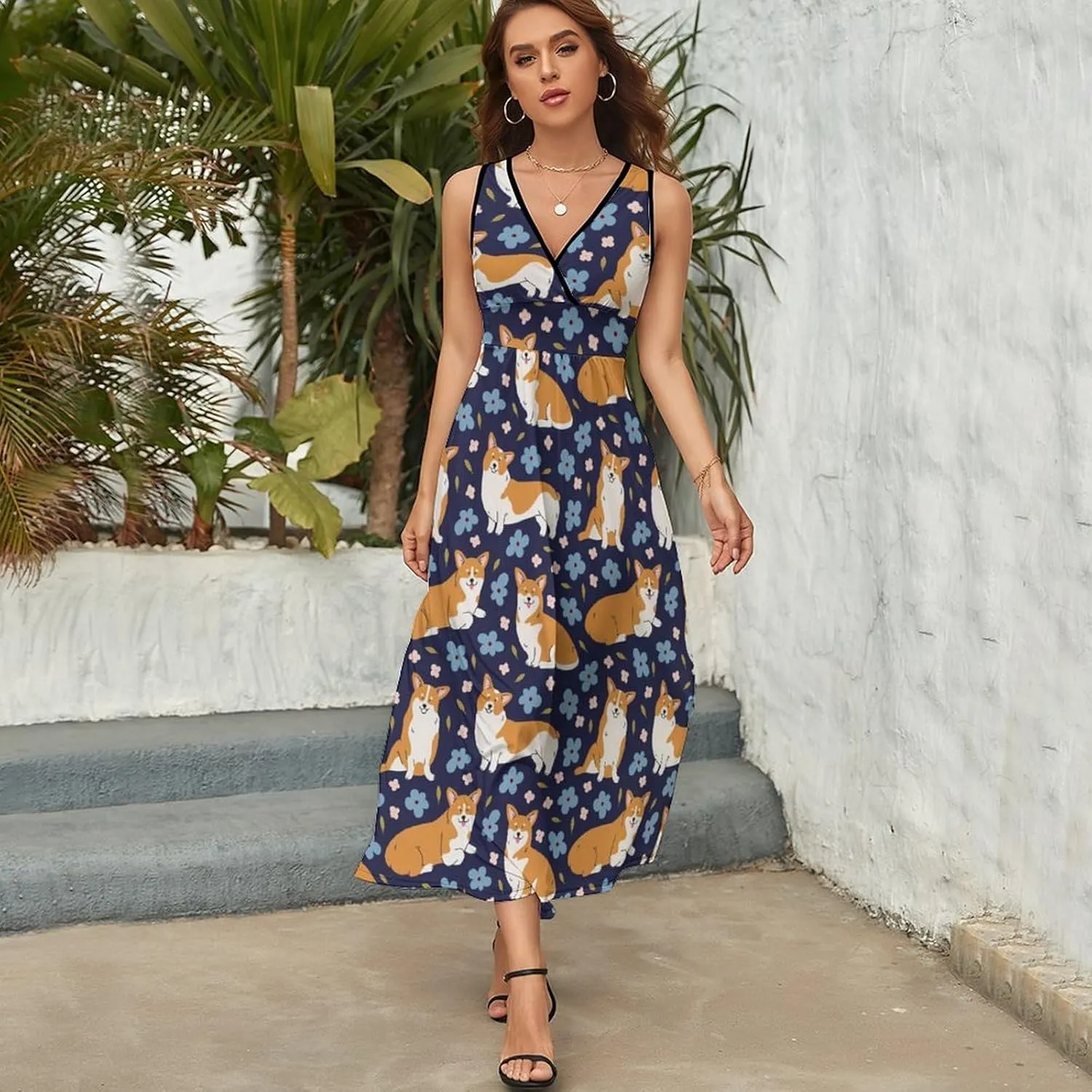 Women Summer Casual Sleeveless V Neck Cute Rubber Ducks Sundress Maxi Long Beach Dress