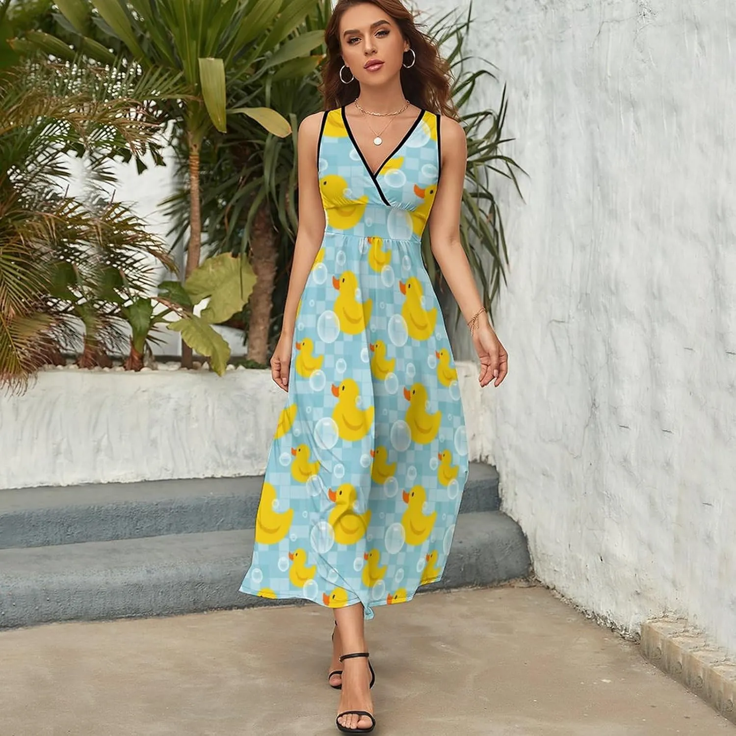 Women Summer Casual Sleeveless V Neck Cute Rubber Ducks Sundress Maxi Long Beach Dress