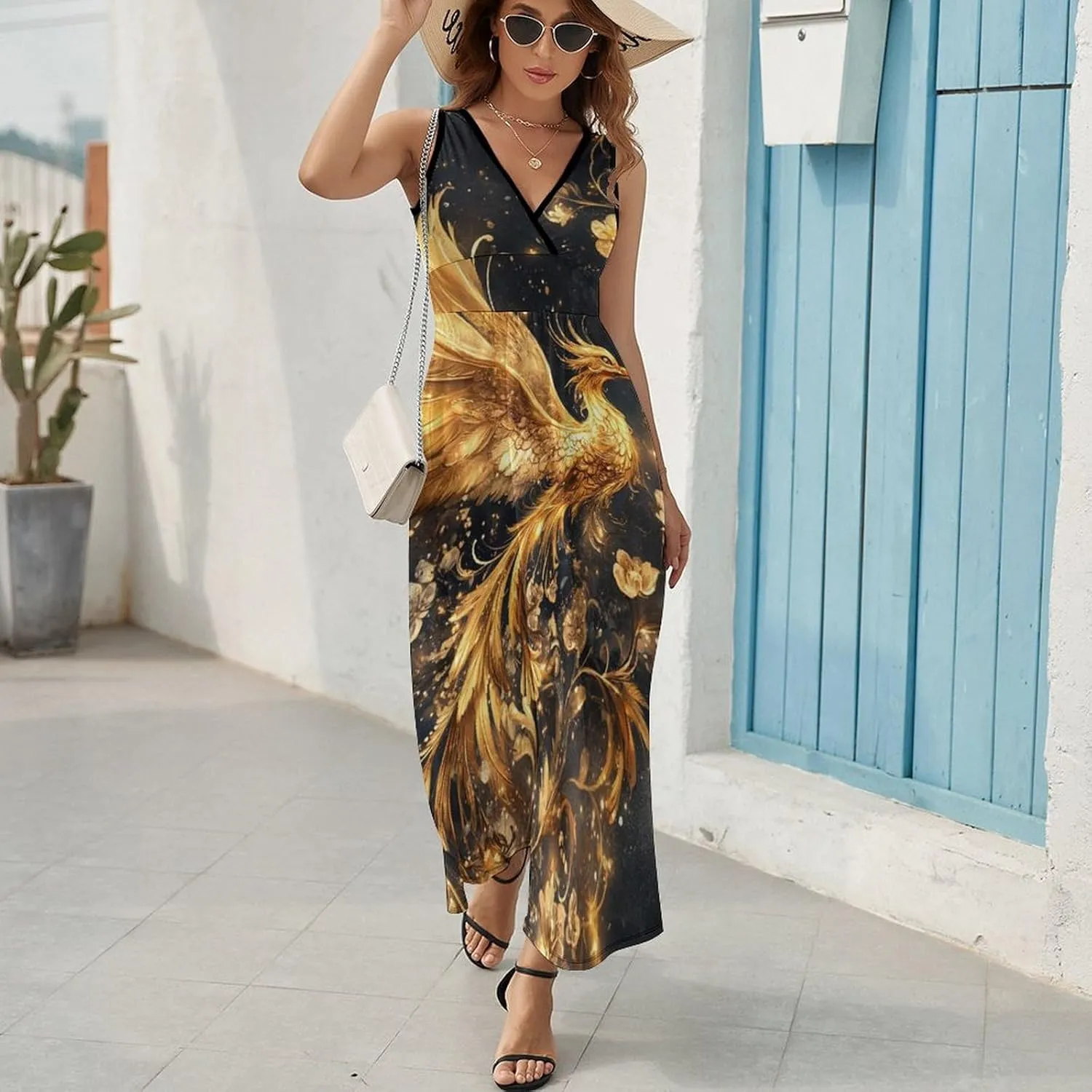 Women Summer Casual Sleeveless V Neck Fantasy Gold Phoenix Sundress Maxi Long Beach Dress