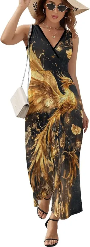 Women Summer Casual Sleeveless V Neck Fantasy Gold Phoenix Sundress Maxi Long Beach Dress