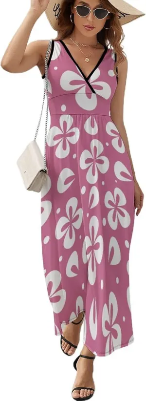 Women Summer Casual Sleeveless V Neck Groovy Daisy Flowers Sundress Maxi Long Beach Dress