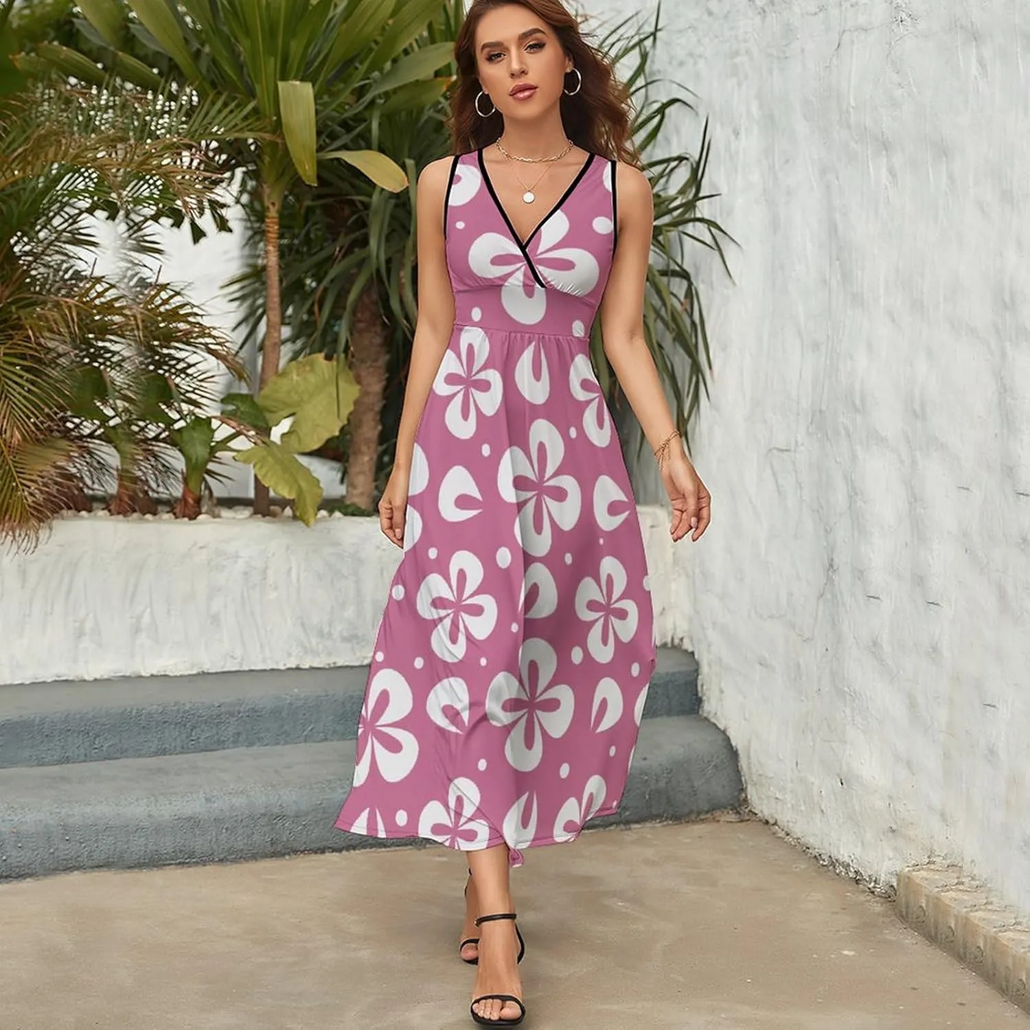 Women Summer Casual Sleeveless V Neck Groovy Daisy Flowers Sundress Maxi Long Beach Dress
