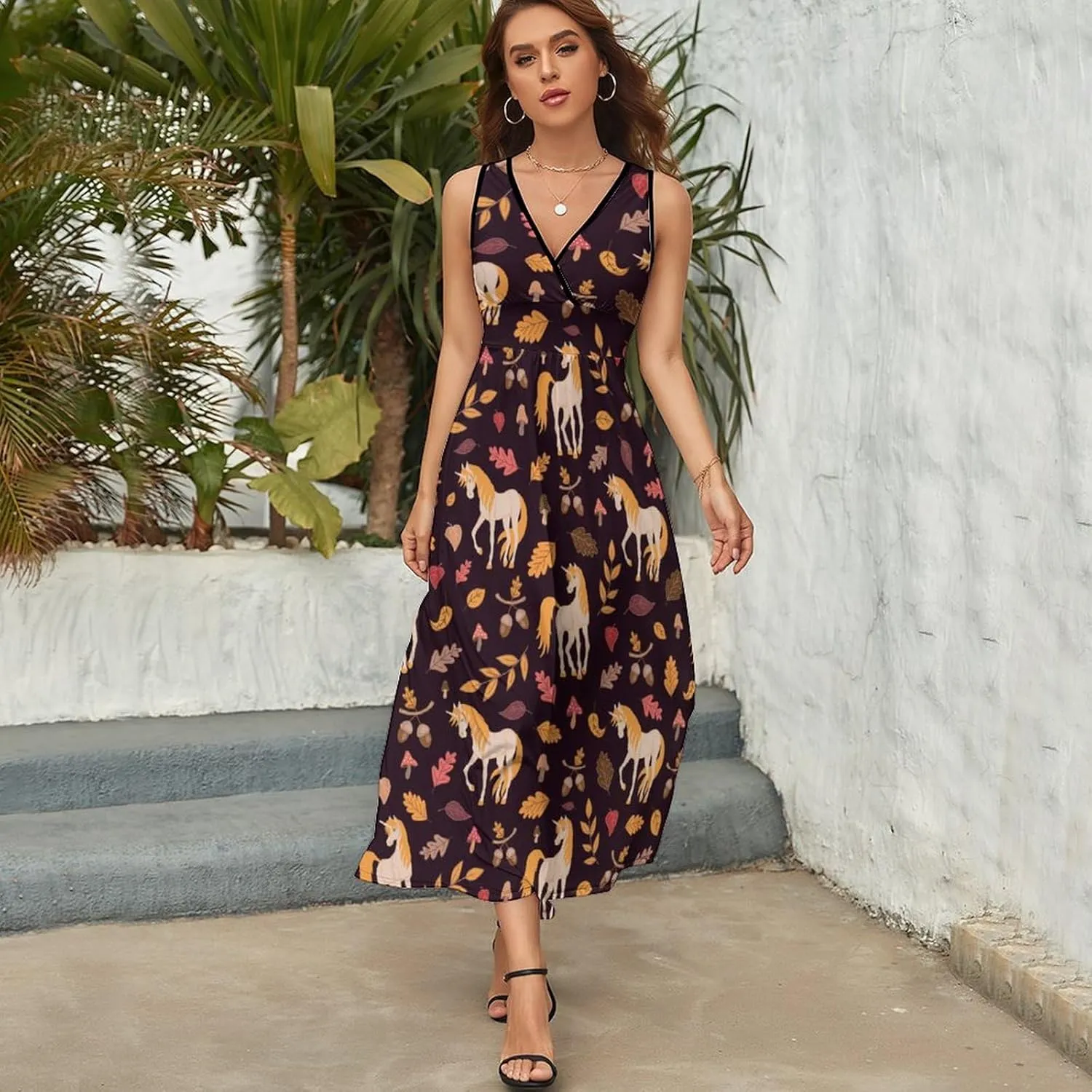 Women Summer Casual Sleeveless V Neck Horse Leaves Acorns Sundress Maxi Long Beach Dress