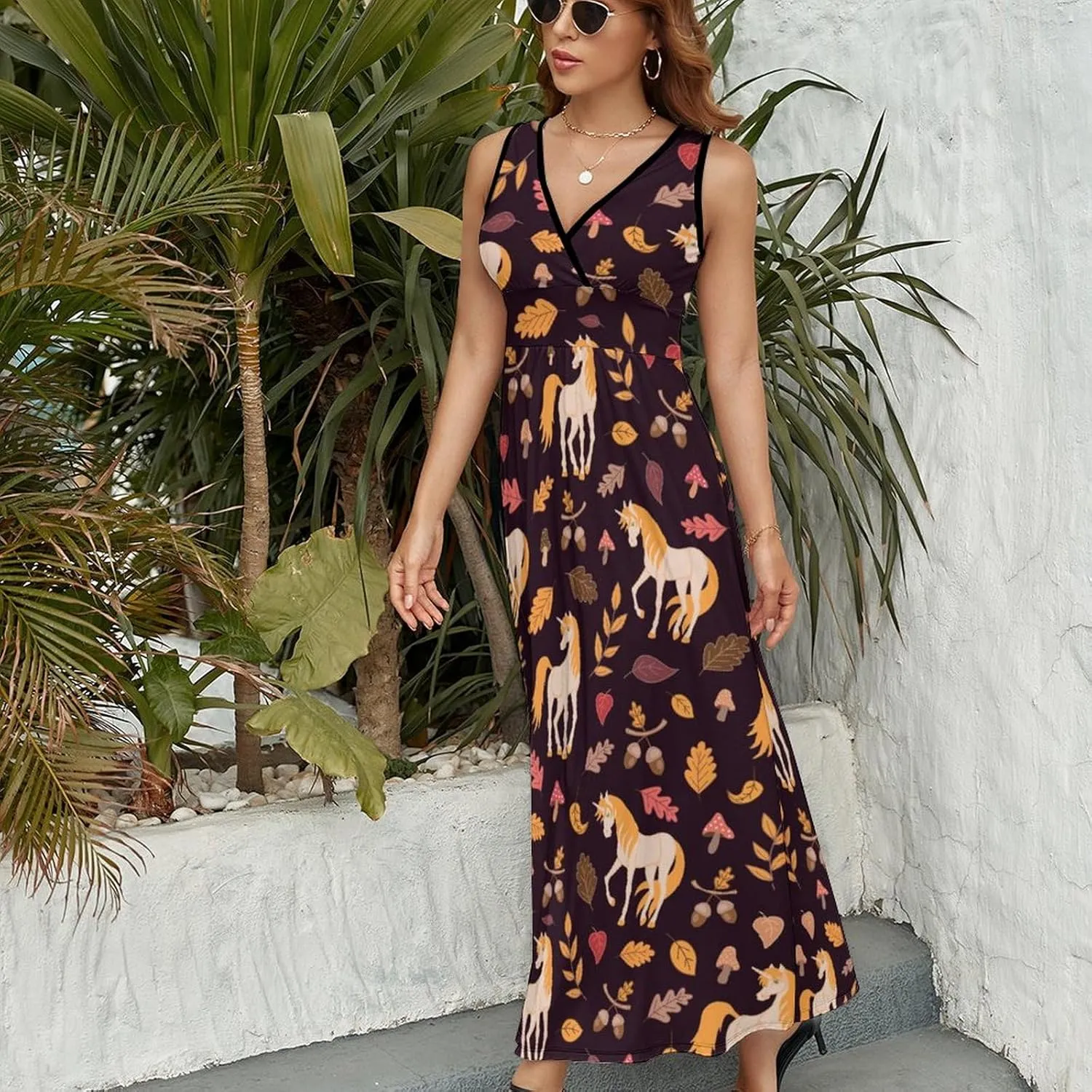 Women Summer Casual Sleeveless V Neck Horse Leaves Acorns Sundress Maxi Long Beach Dress