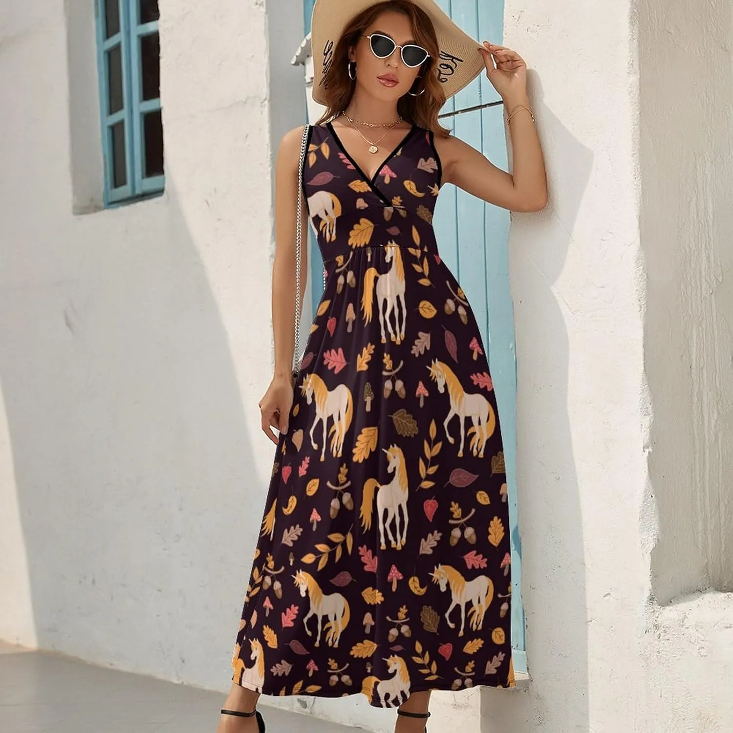 Women Summer Casual Sleeveless V Neck Horse Leaves Acorns Sundress Maxi Long Beach Dress