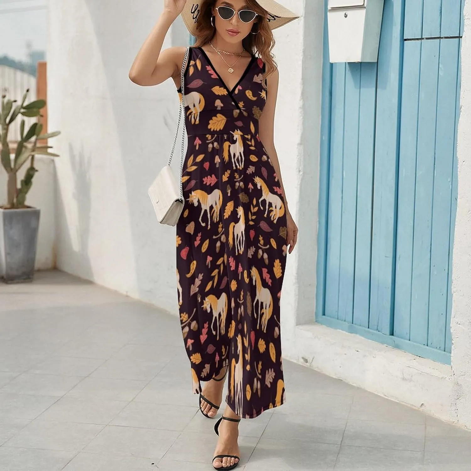 Women Summer Casual Sleeveless V Neck Horse Leaves Acorns Sundress Maxi Long Beach Dress
