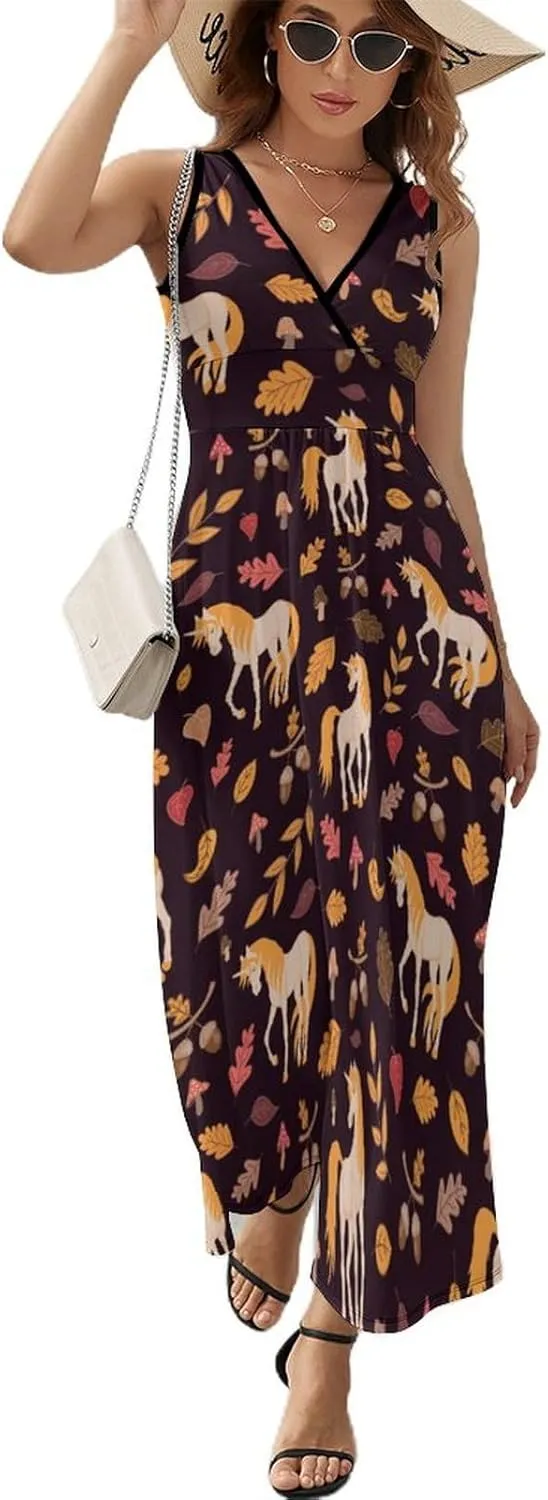 Women Summer Casual Sleeveless V Neck Horse Leaves Acorns Sundress Maxi Long Beach Dress