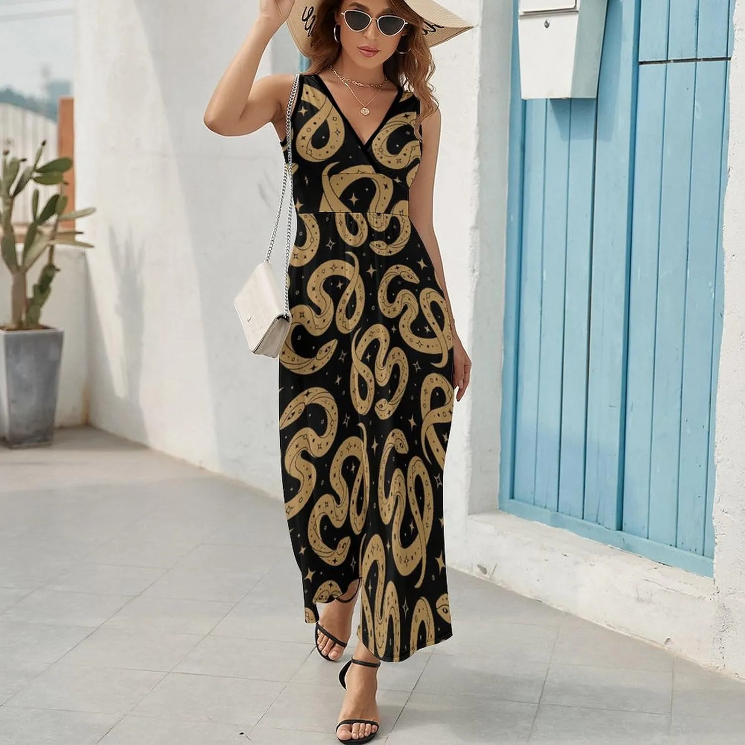Women Summer Casual Sleeveless V Neck Magical Golden Snake Sundress Maxi Long Beach Dress