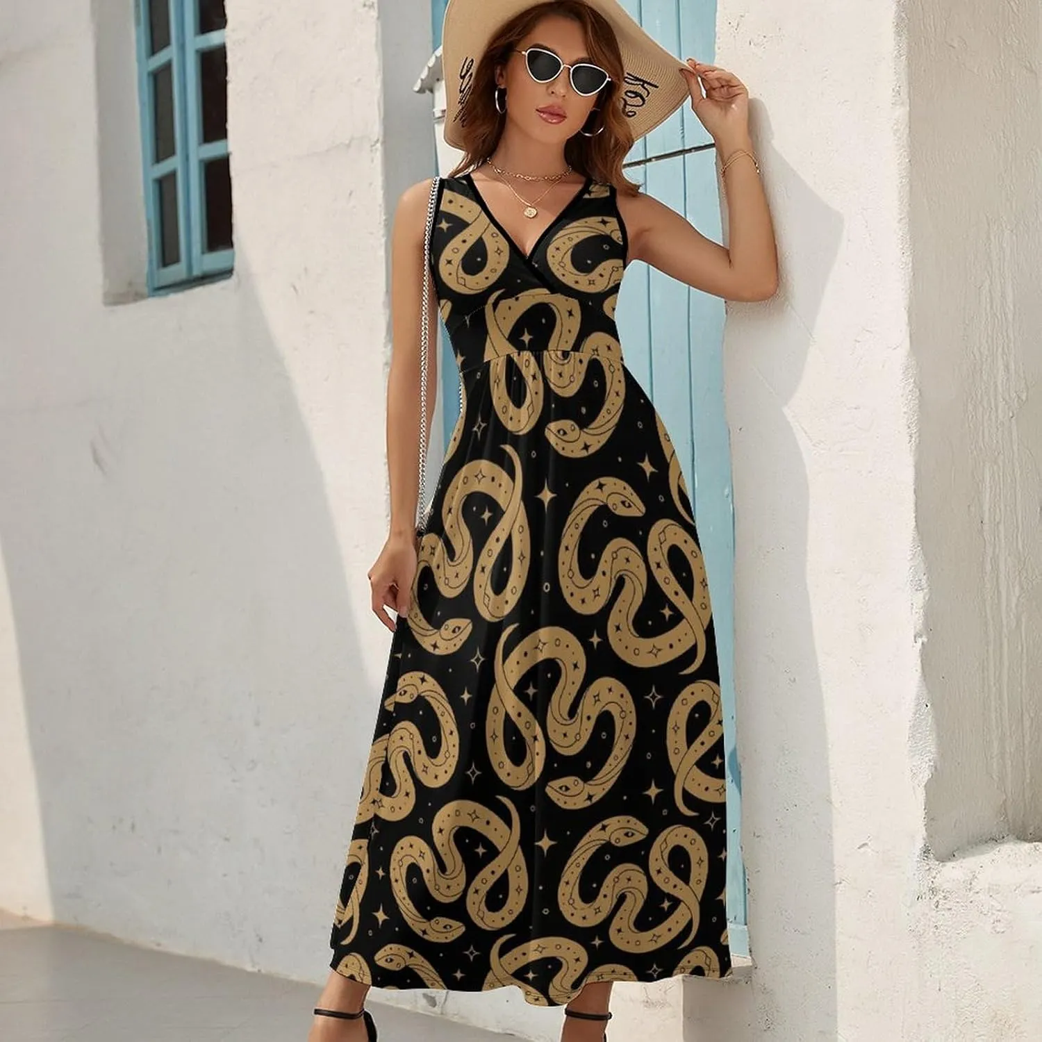 Women Summer Casual Sleeveless V Neck Magical Golden Snake Sundress Maxi Long Beach Dress