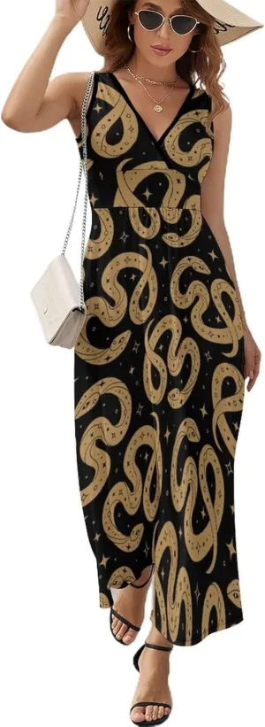 Women Summer Casual Sleeveless V Neck Magical Golden Snake Sundress Maxi Long Beach Dress