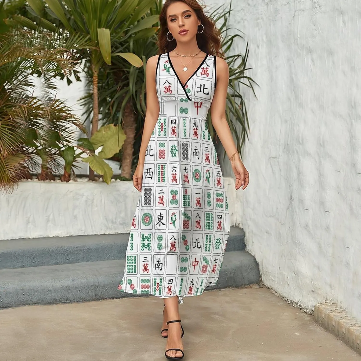 Women Summer Casual Sleeveless V Neck Magical Sun Stars Sundress Maxi Long Beach Dress