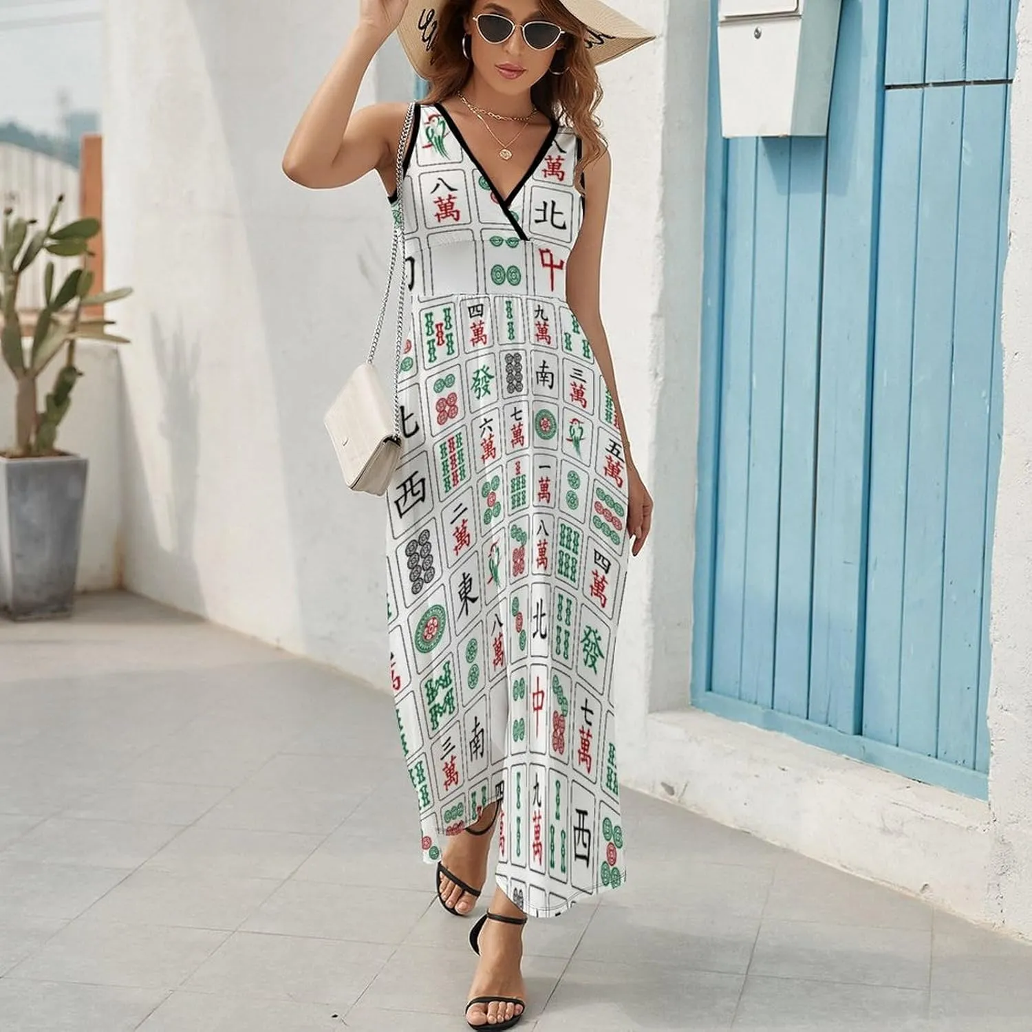 Women Summer Casual Sleeveless V Neck Magical Sun Stars Sundress Maxi Long Beach Dress