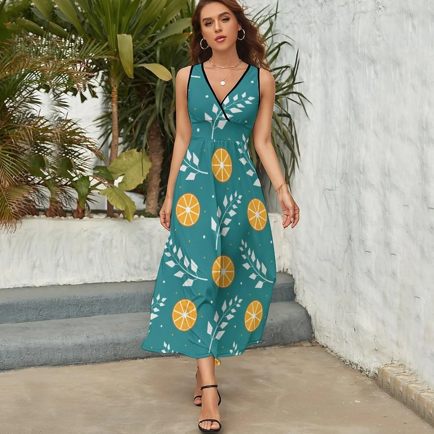 Women Summer Casual Sleeveless V Neck Oranges and Leaves Sundress Maxi Long Beach Dress