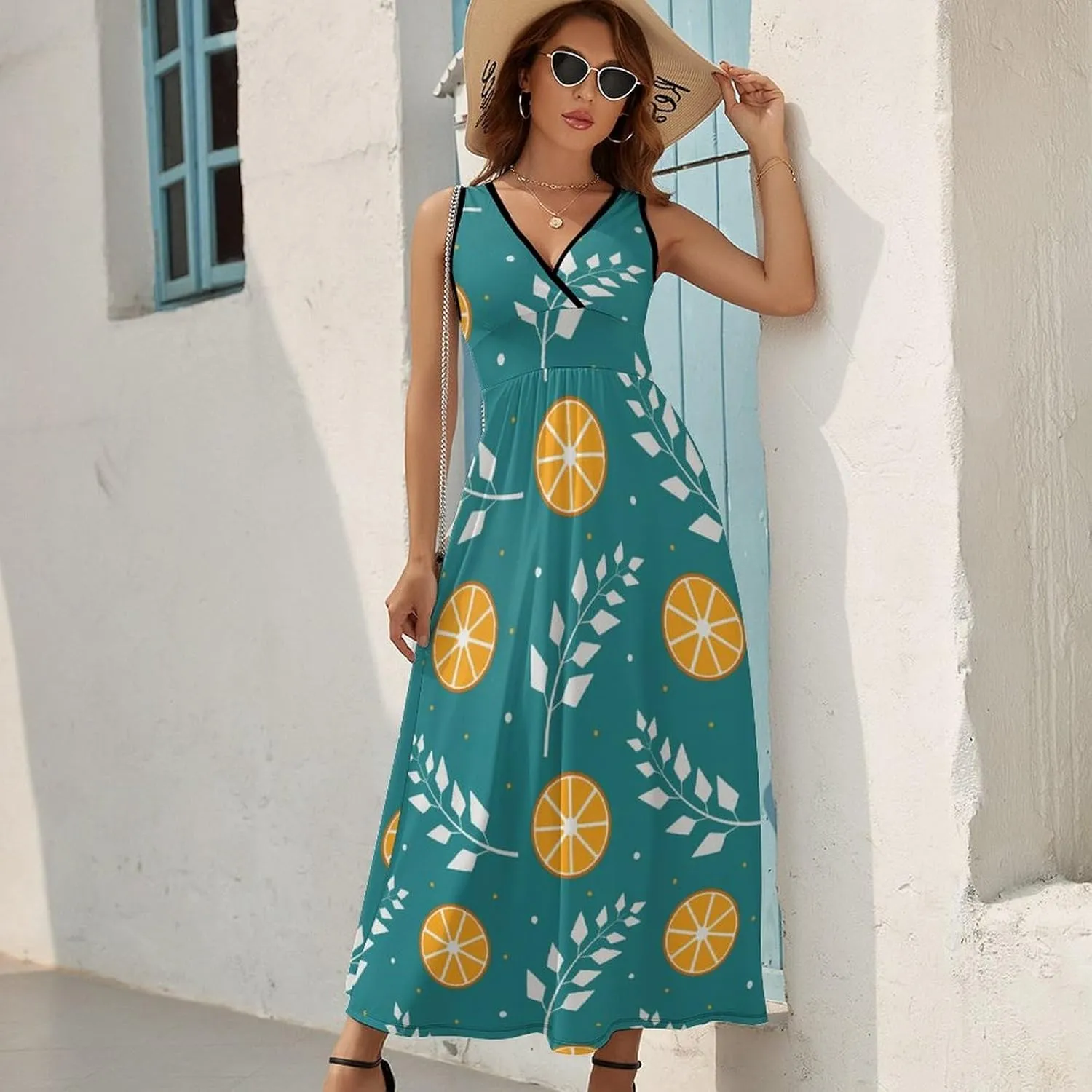 Women Summer Casual Sleeveless V Neck Oranges and Leaves Sundress Maxi Long Beach Dress
