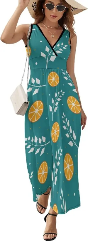 Women Summer Casual Sleeveless V Neck Oranges and Leaves Sundress Maxi Long Beach Dress