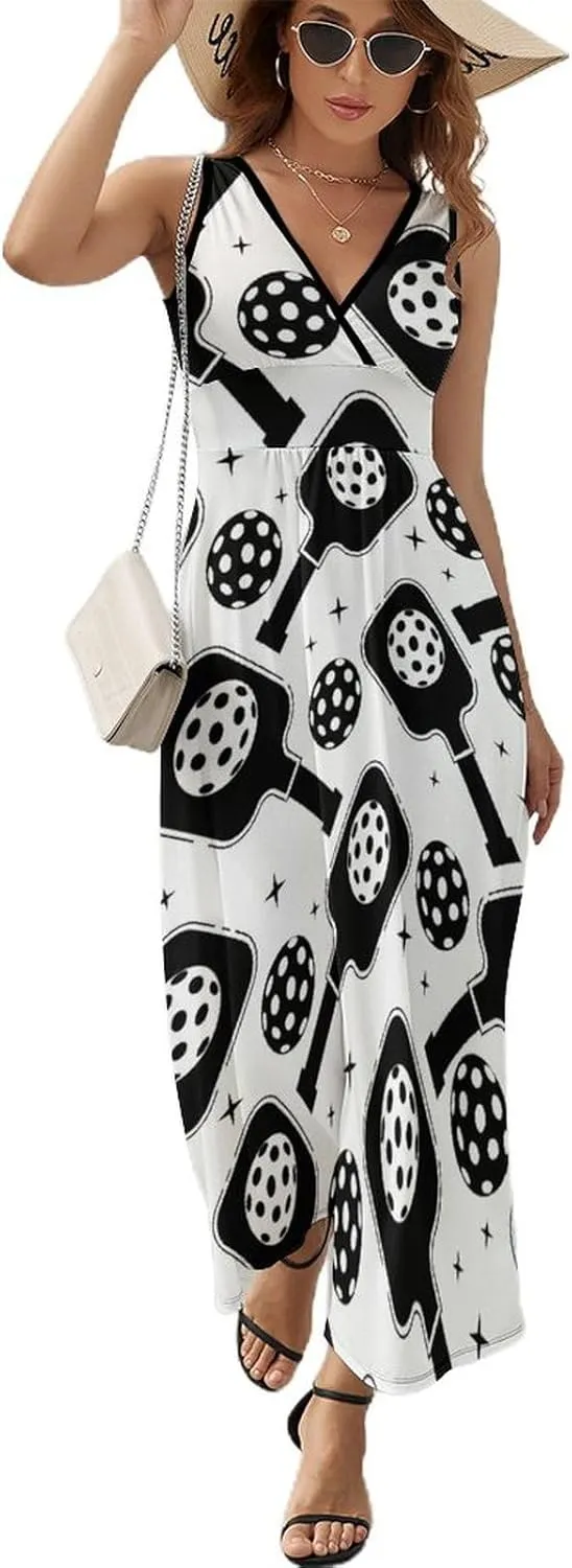 Women Summer Casual Sleeveless V Neck Pickleball Sport Racket Sundress Maxi Long Beach Dress