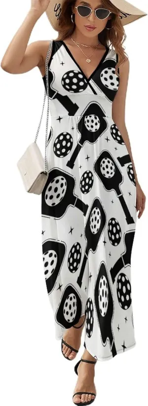 Women Summer Casual Sleeveless V Neck Pickleball Sport Racket Sundress Maxi Long Beach Dress