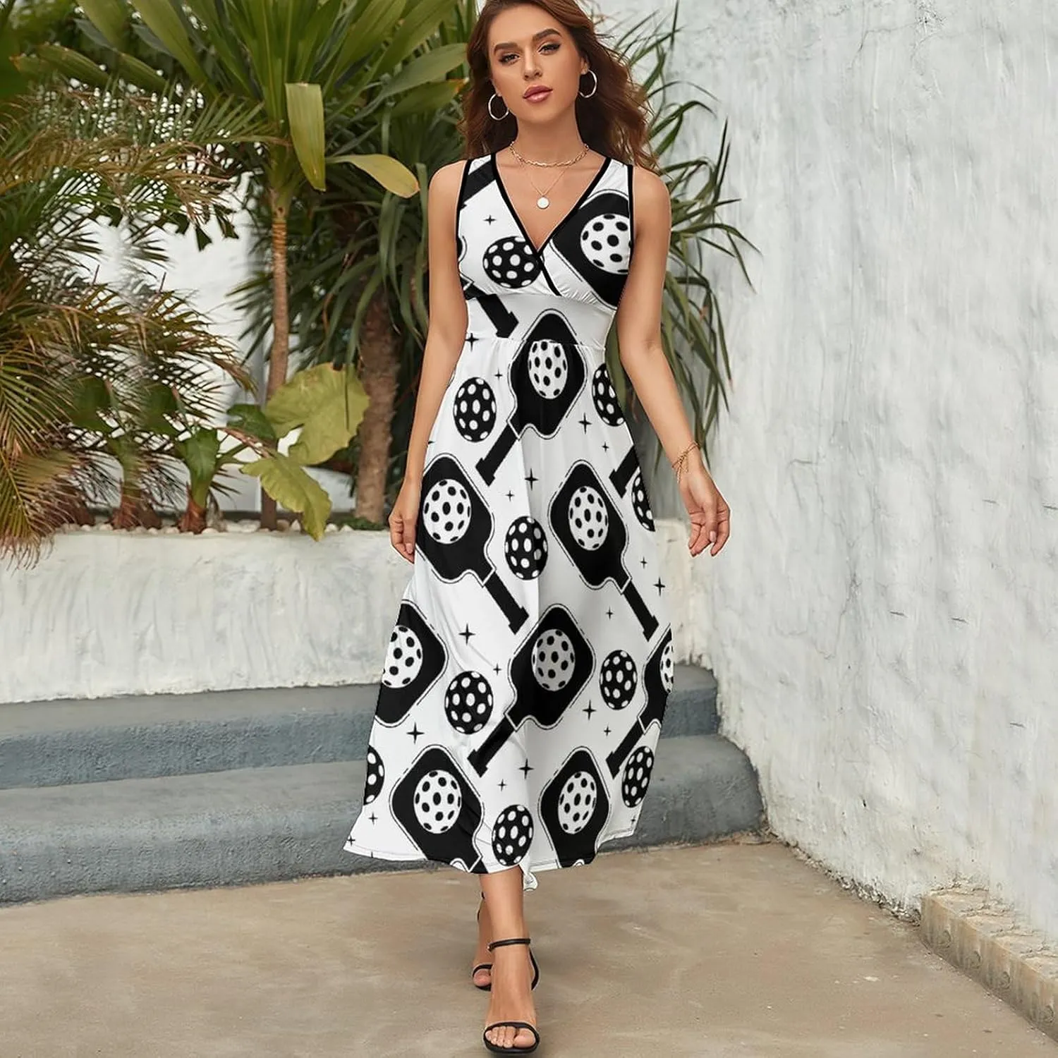Women Summer Casual Sleeveless V Neck Pickleball Sport Racket Sundress Maxi Long Beach Dress