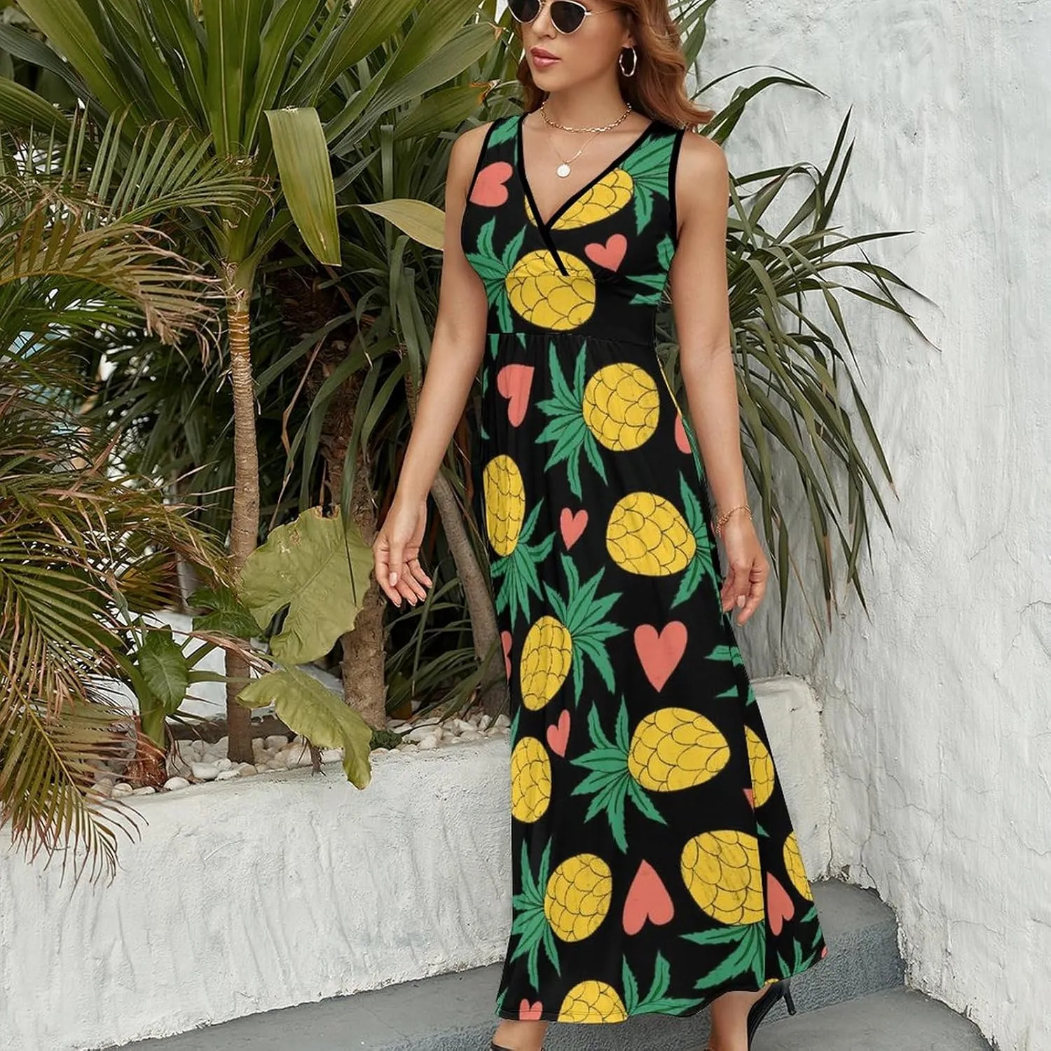 Women Summer Casual Sleeveless V Neck Pineapples Hearts Tropical Sundress Maxi Long Beach Dress
