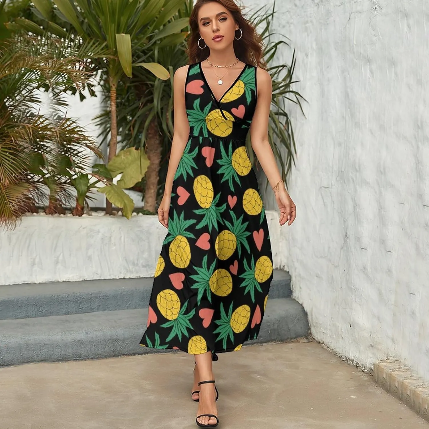 Women Summer Casual Sleeveless V Neck Pineapples Hearts Tropical Sundress Maxi Long Beach Dress