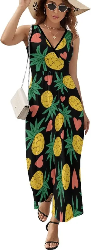 Women Summer Casual Sleeveless V Neck Pineapples Hearts Tropical Sundress Maxi Long Beach Dress