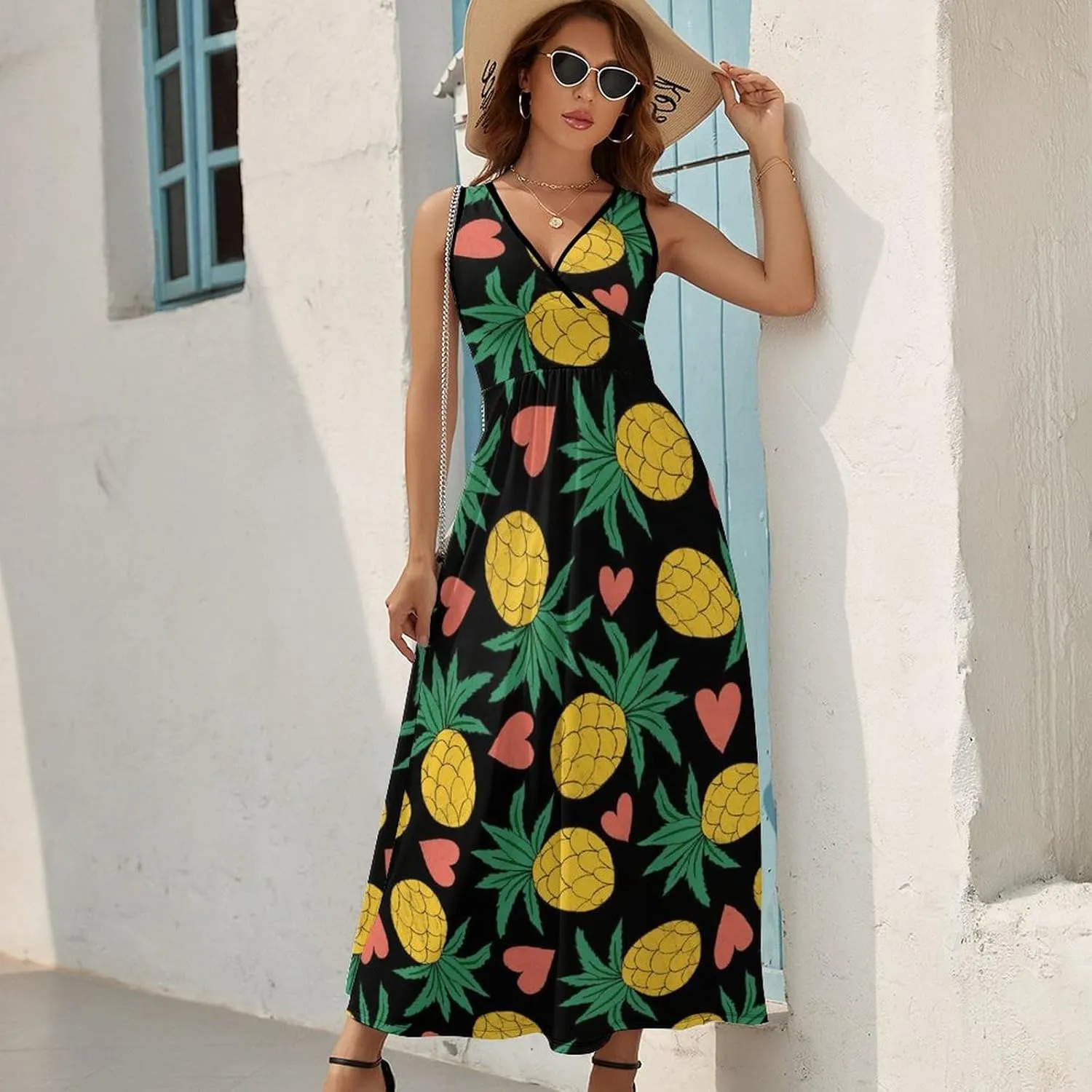 Women Summer Casual Sleeveless V Neck Pineapples Hearts Tropical Sundress Maxi Long Beach Dress