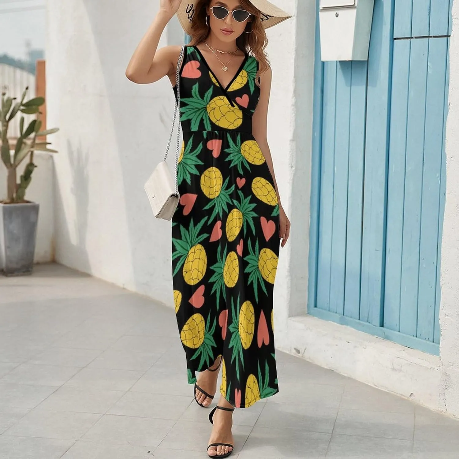 Women Summer Casual Sleeveless V Neck Pineapples Hearts Tropical Sundress Maxi Long Beach Dress